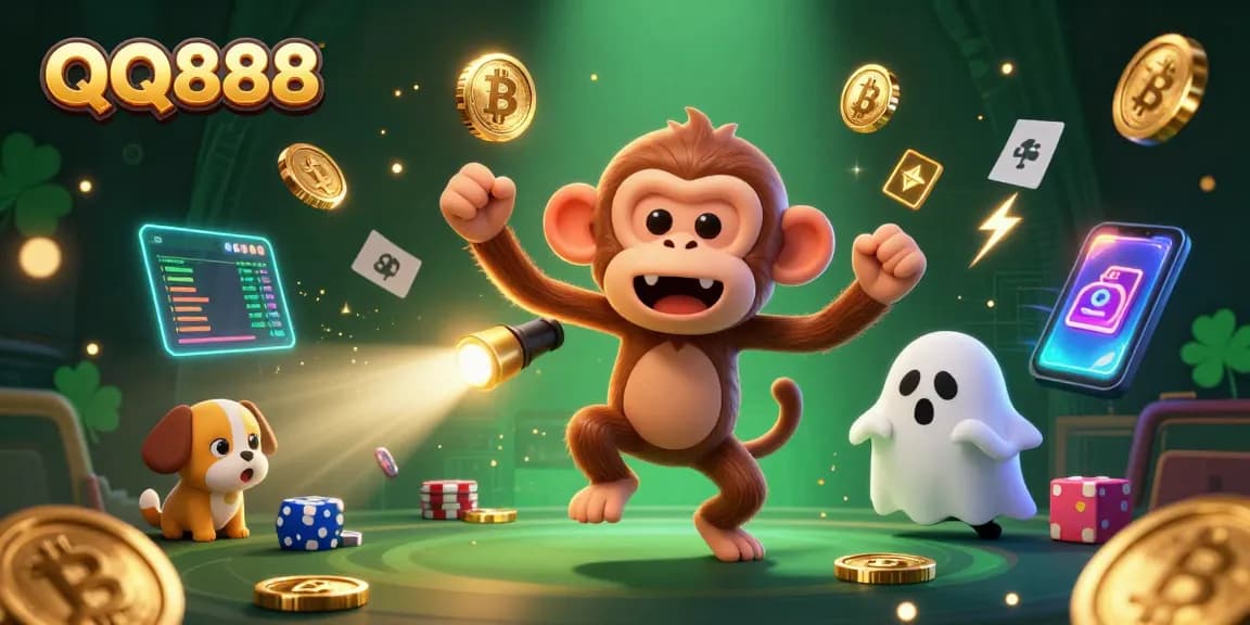 Engage with QQ888's immersive gaming experiences, featuring a playful poltergeist monkey and ghost-hunter puppy in a vibrant casino.