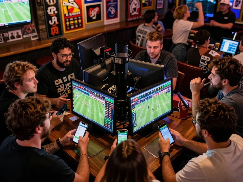 Engaged sports fans analyzing kèo nhà cái odds while enjoying live matches in a vibrant sports bar setting.