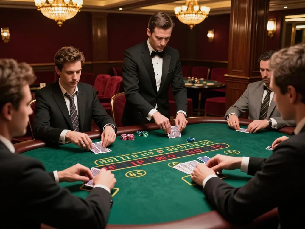 MPOID Alternative casino blackjack players strategizing bets at an upscale table with luxurious decor
