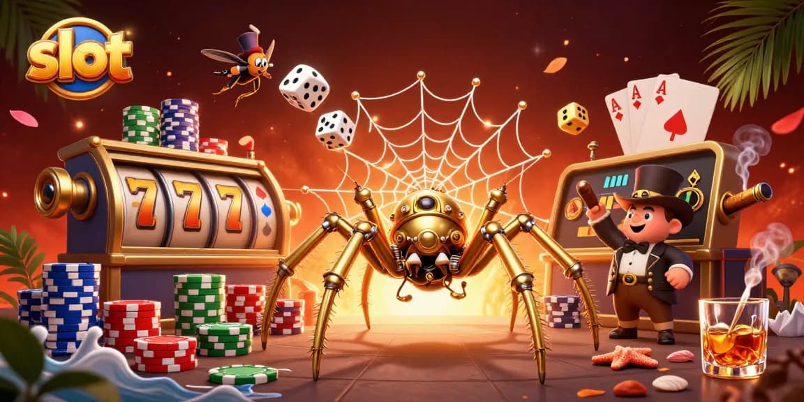 Win big with exciting slot adventures featuring a steampunk spider catching dice.