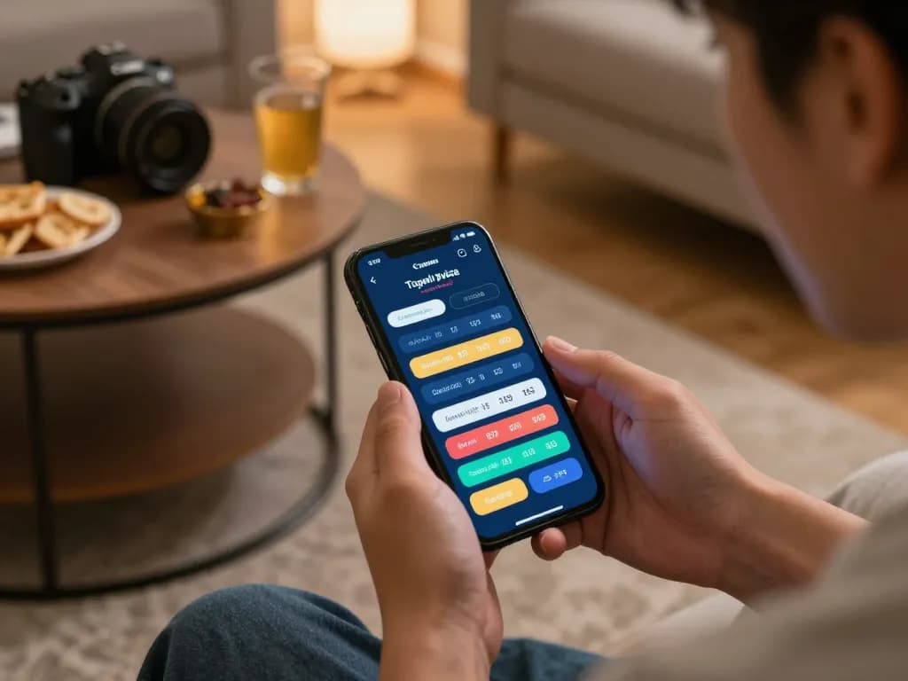 Engaging in togel pulsa betting on a smartphone in a cozy home setting with snacks and drinks