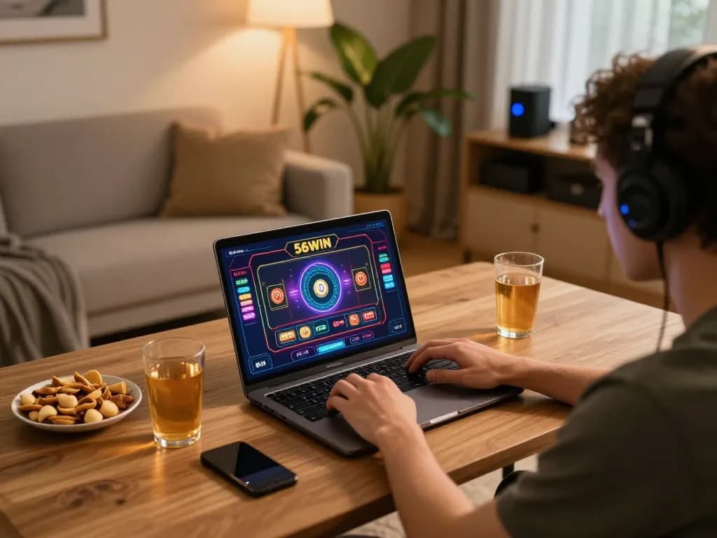 Engaged player enjoying online gambling at 56WIN on a cozy home setup.