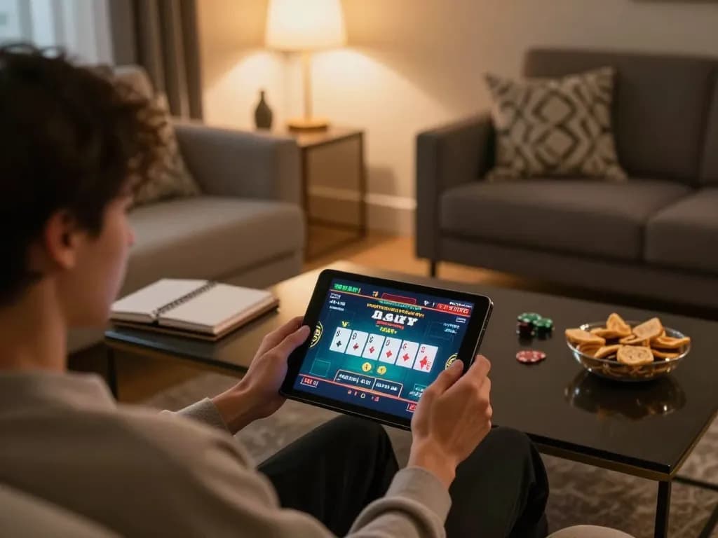 Engaging in online gambling at CM88 with a cozy home gaming setup, featuring a tablet displaying poker game