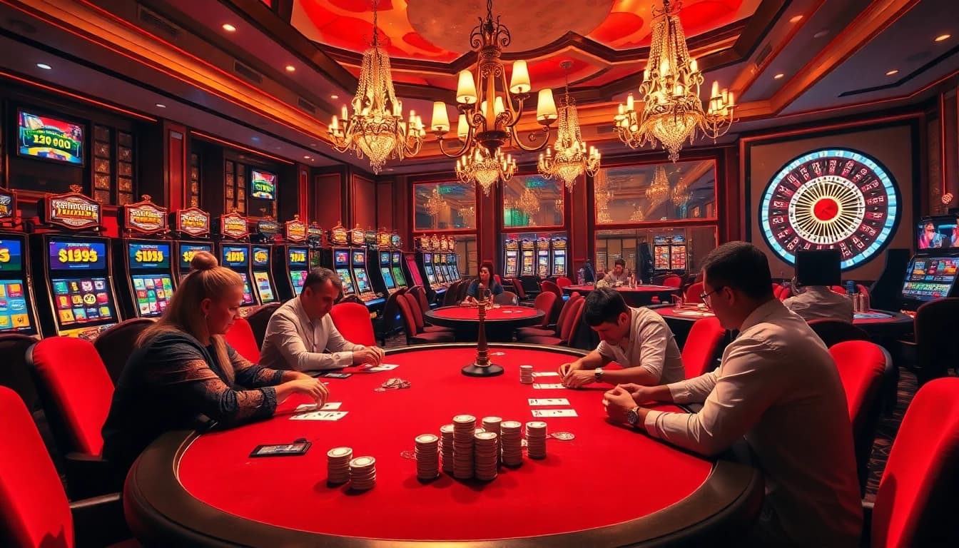 Experience the excitement of gambling at https://mb66-t.com/ with players enjoying poker at a luxurious casino table.
