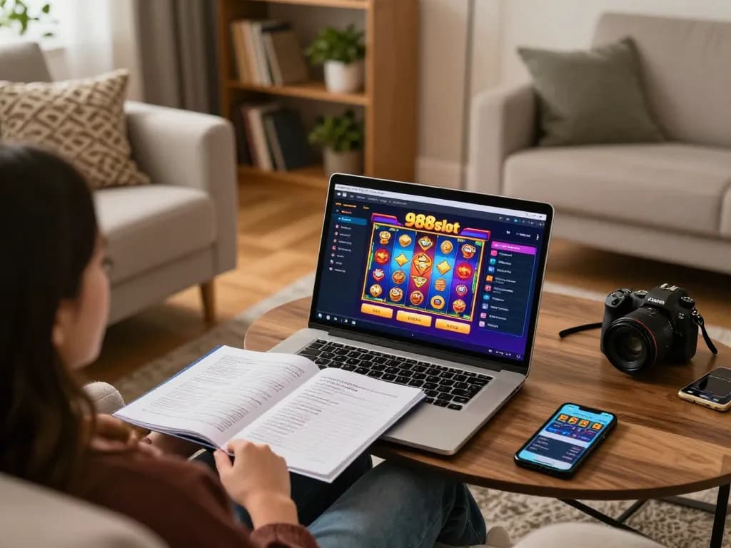 Engaged player enjoying 988slot online gaming interface on a laptop, emphasizing the excitement of responsible gambling.