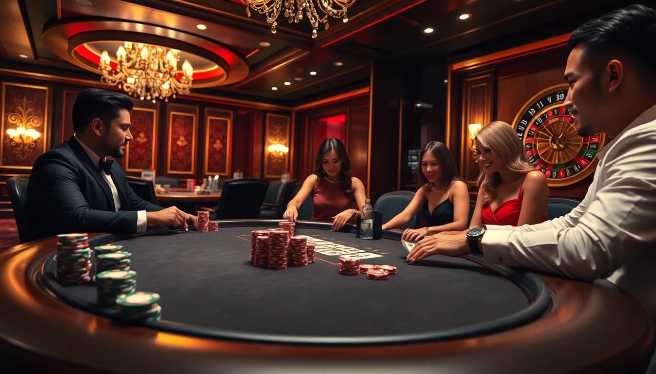 Experience the thrilling ambience of HITCLUB's upscale casino featuring poker tables and vibrant gaming elements.