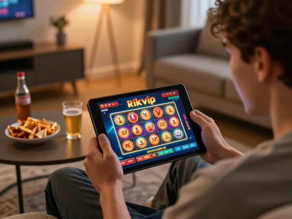Player enjoying rikvip online casino on a tablet, showcasing exciting gameplay and a cozy home setting.