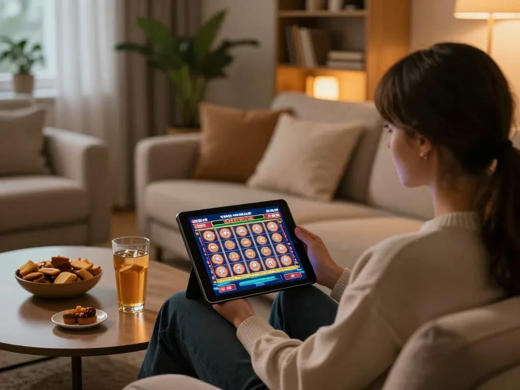 Engaging in slot games on ho88 with a tablet, cozy home environment enhancing the gaming experience