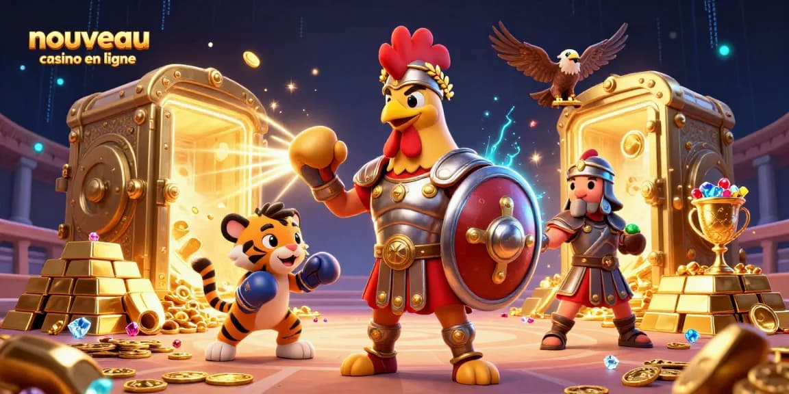 Nouveau casino en ligne scene showcasing a 3D cartoon gladiator rooster and treasures of a casino.