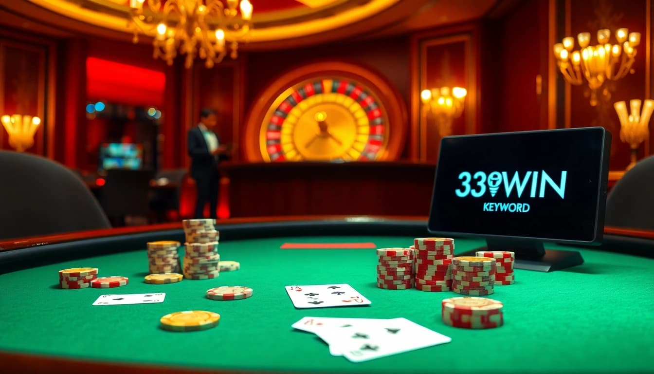 Engage with the exciting world of gambling at 33WIN's vibrant casino scene with poker tables.