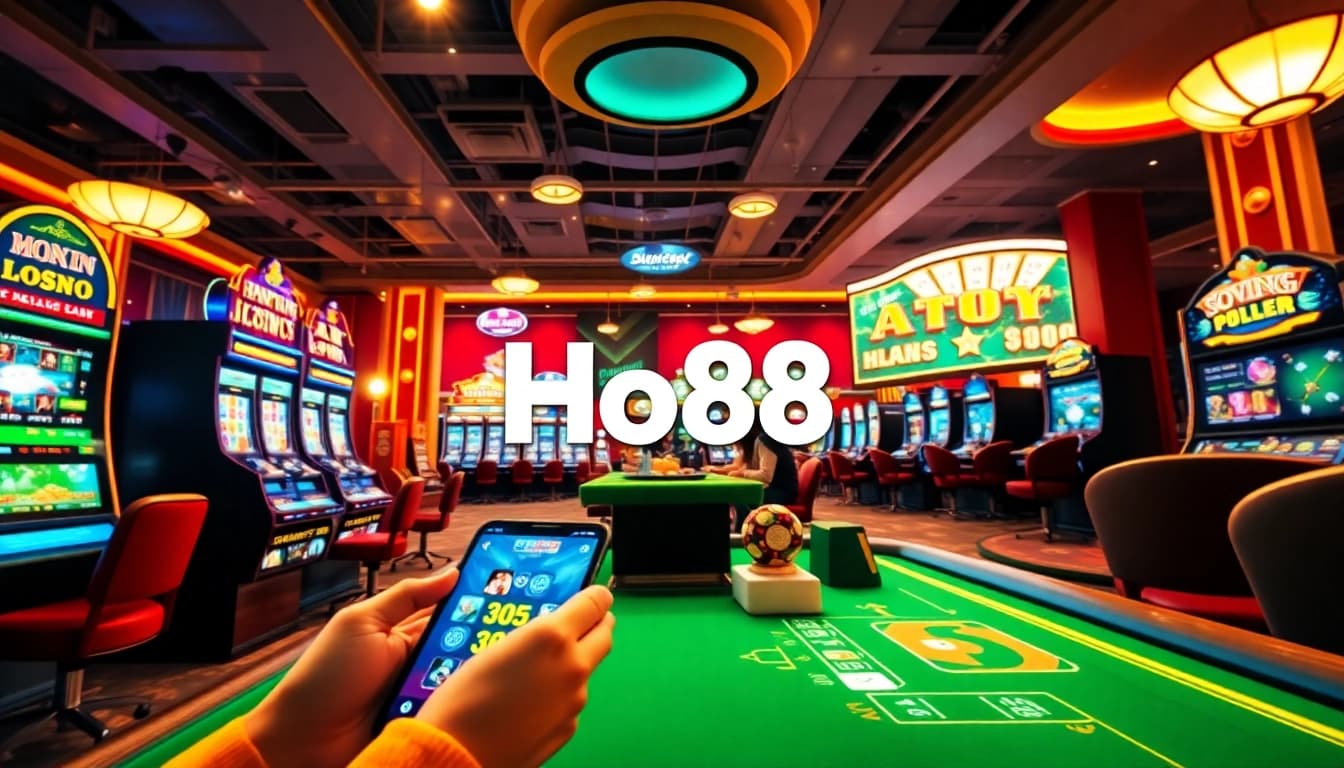Engaging Ho88 promotional image showcasing vibrant online gambling experience with casinos and sports betting elements.