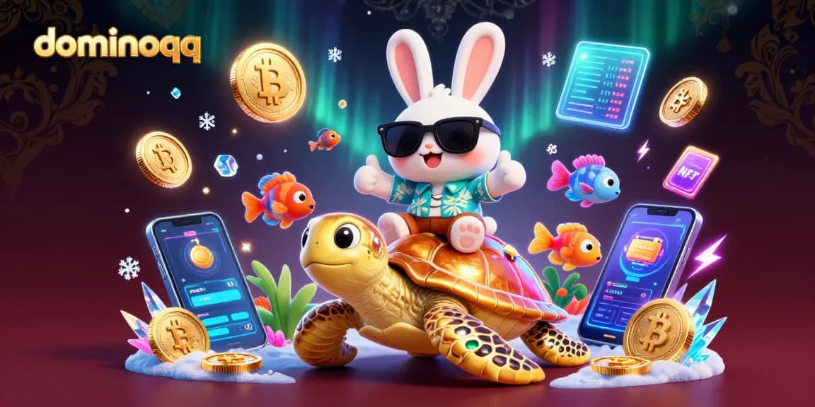 Experience the thrill of dominoqq gaming with vibrant characters and glowing cryptocurrencies in action!