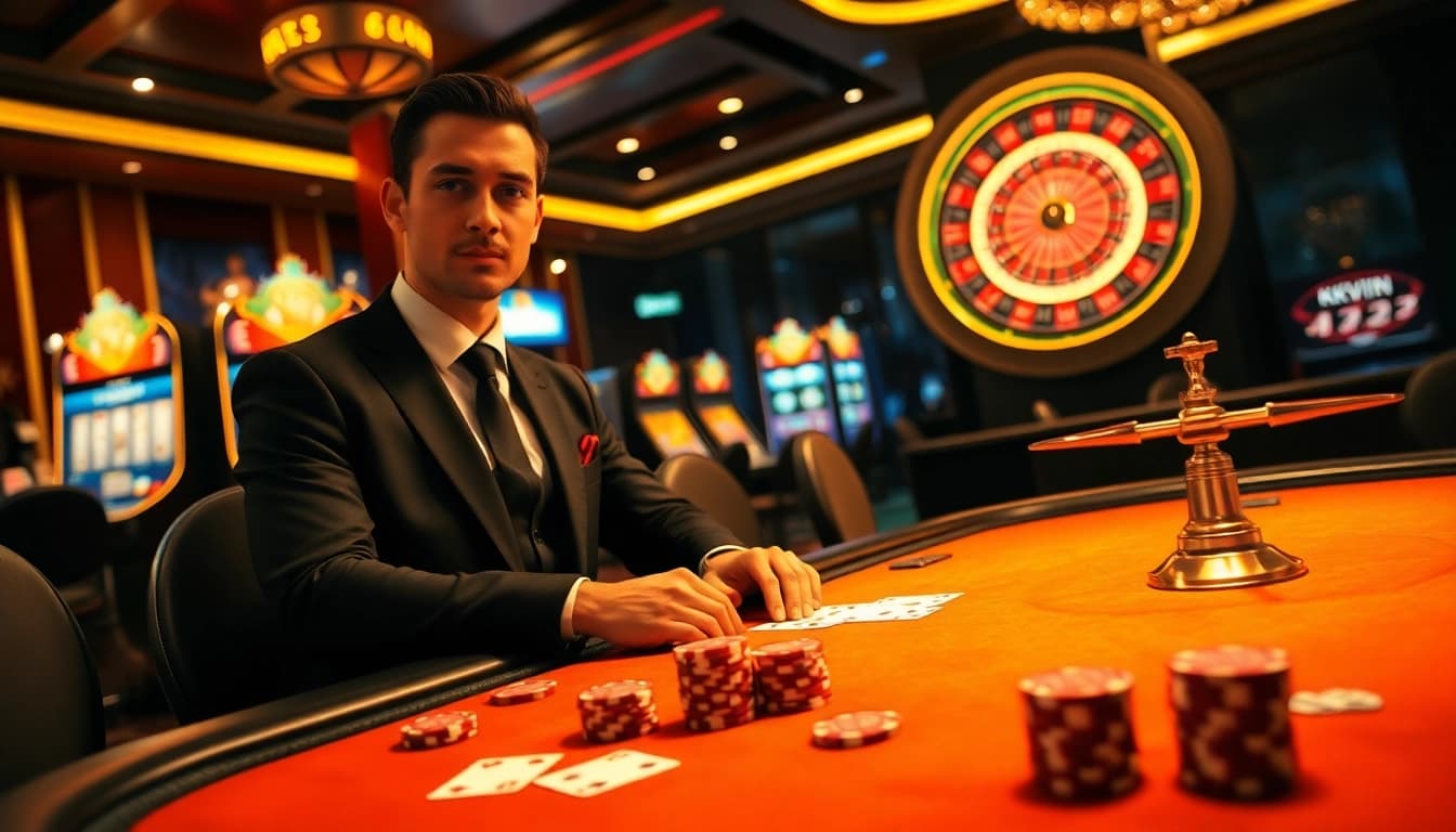 Experience the thrill of kkwin at a luxurious casino poker table illuminated by golden lights.