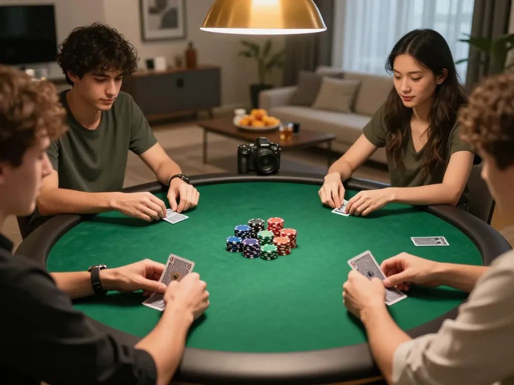 Pemain Aman788 merencanakan langkah mereka dalam permainan poker rumahan yang meriah dengan chip berwarna-warni.