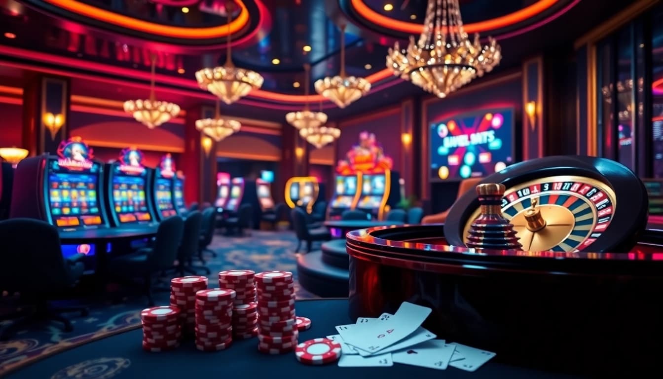 Experience the thrill of asupanjitu gaming with vibrant casino visuals showcasing tables and slot machines.