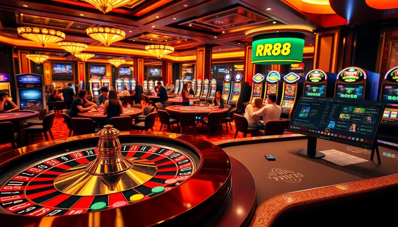 RR88 showcases a vibrant casino scene with players at tables, focusing on roulette and poker excitement.
