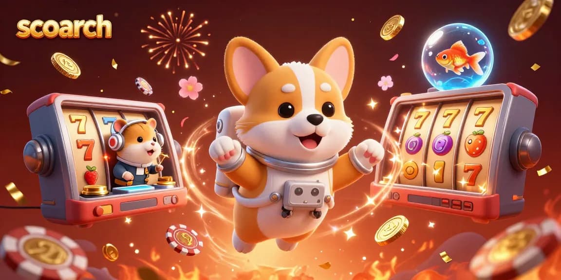 Engage with scoarch's exciting gaming scene while a corgi astronaut floats in a space station casino.