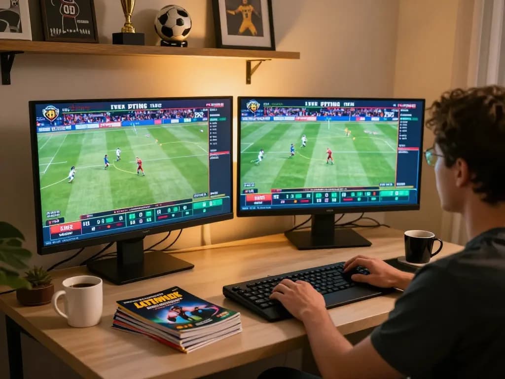 tr88 user actively placing bets in a cozy home office with multiple screens and betting guides