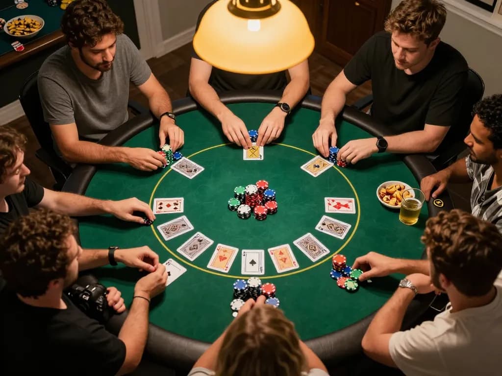 Watch pengeluaran singapore winning strategies in a friendly home poker game setting with excited players.