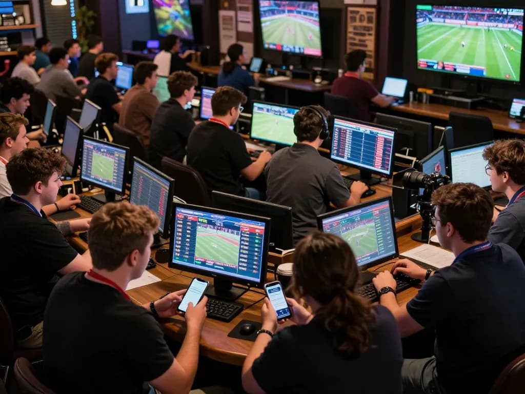 Bsport: Engaged bettors analyzing live odds during an exciting sports event, capturing the thrill of strategic betting.