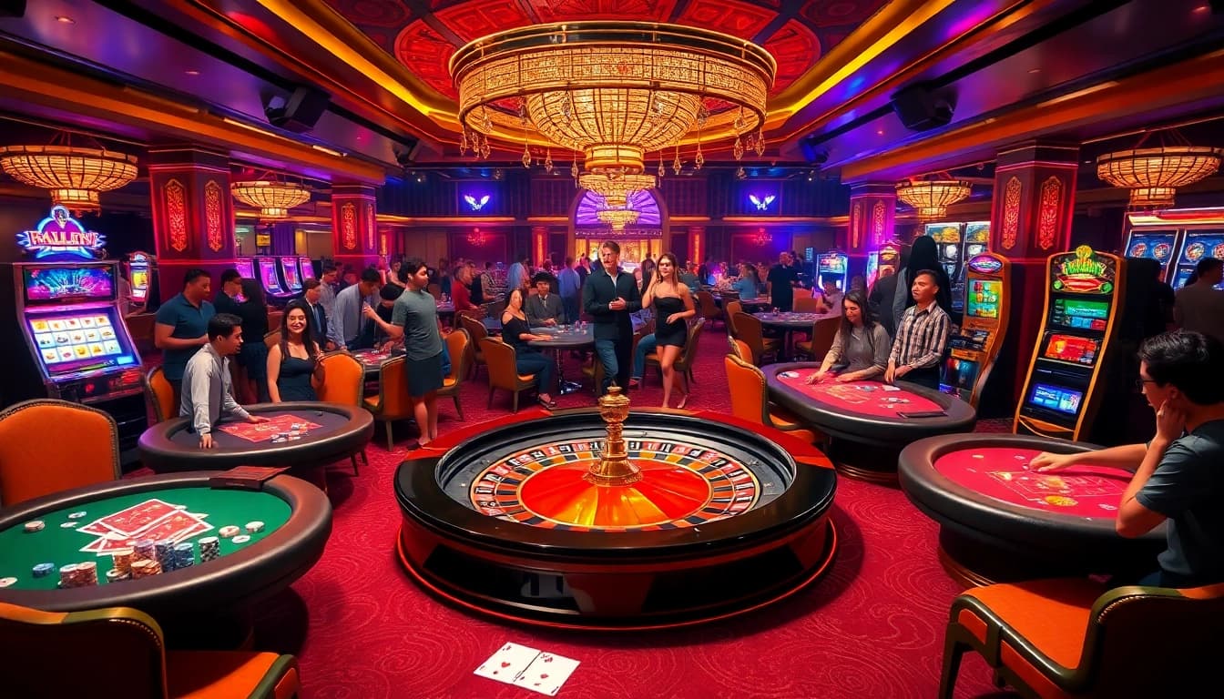 Players enjoying a vibrant casino atmosphere with LC88 branding, including roulette and poker tables.