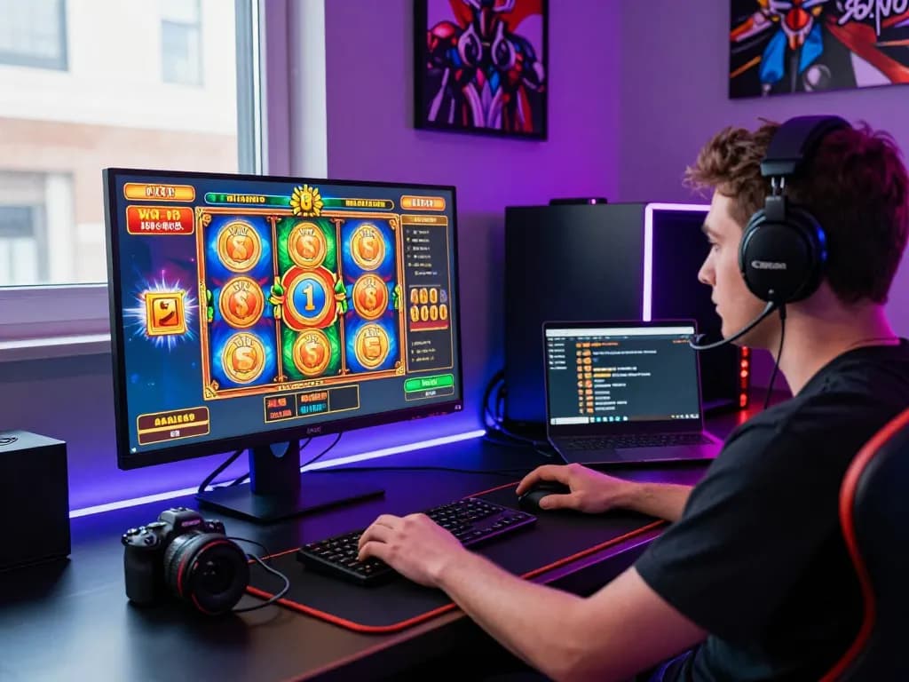 Engaging player enjoying situs slot gacor on a high-resolution monitor with colorful visuals and gaming accessories.