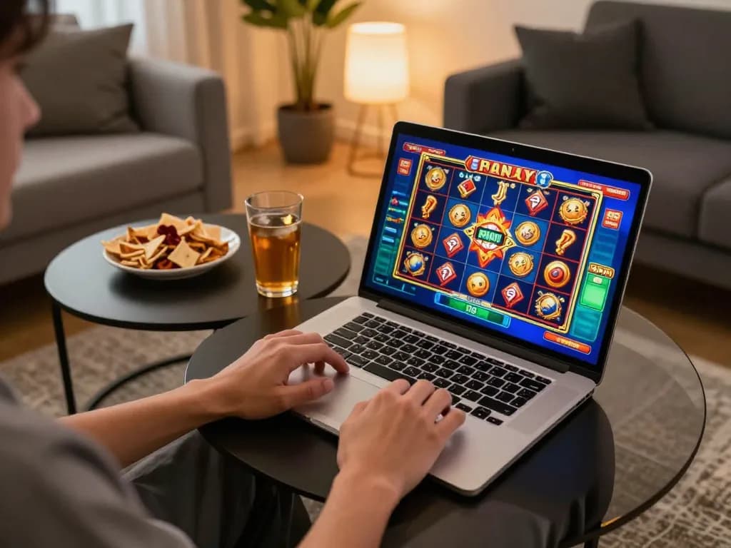 Engaging in KDTOTO slot games on a laptop in a cozy living room
