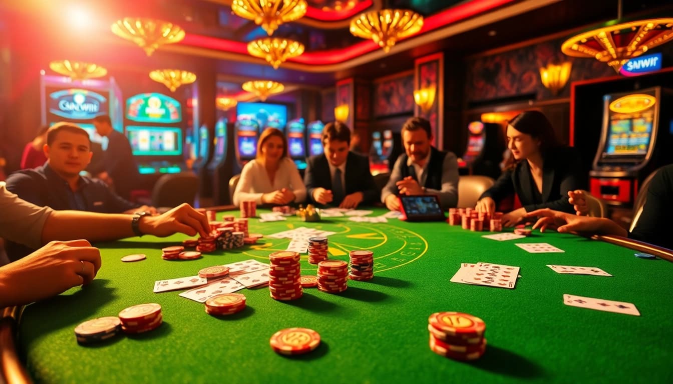 Players enjoying a thrilling poker game at Sunwin Casino, rich with vibrant chips and cards.
