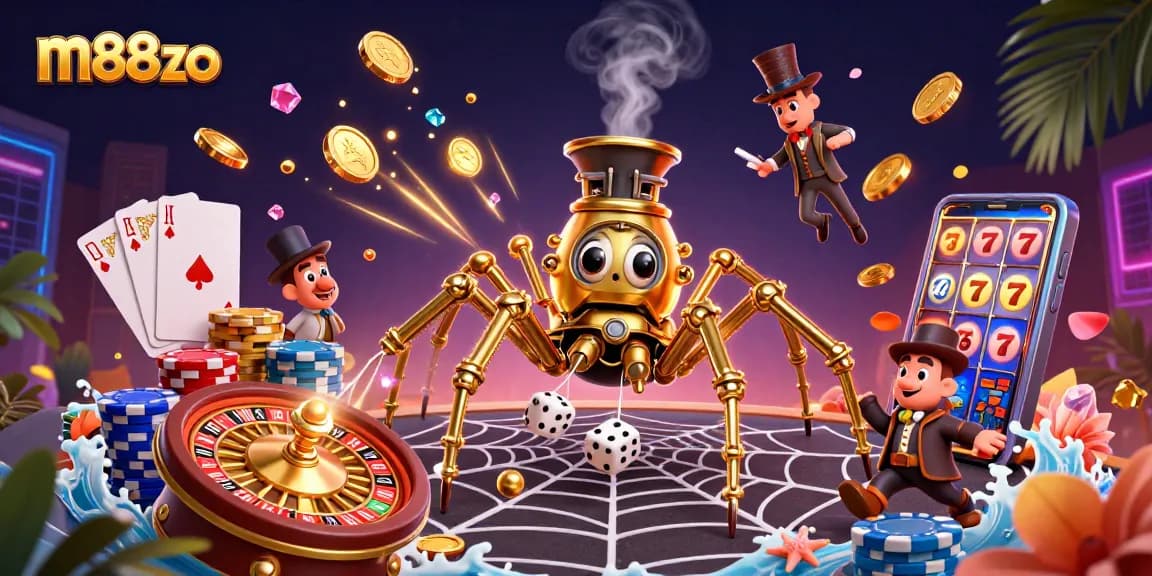 Catch the excitement of m88zo with a steampunk spider and dazzling casino elements in a vibrant scene.
