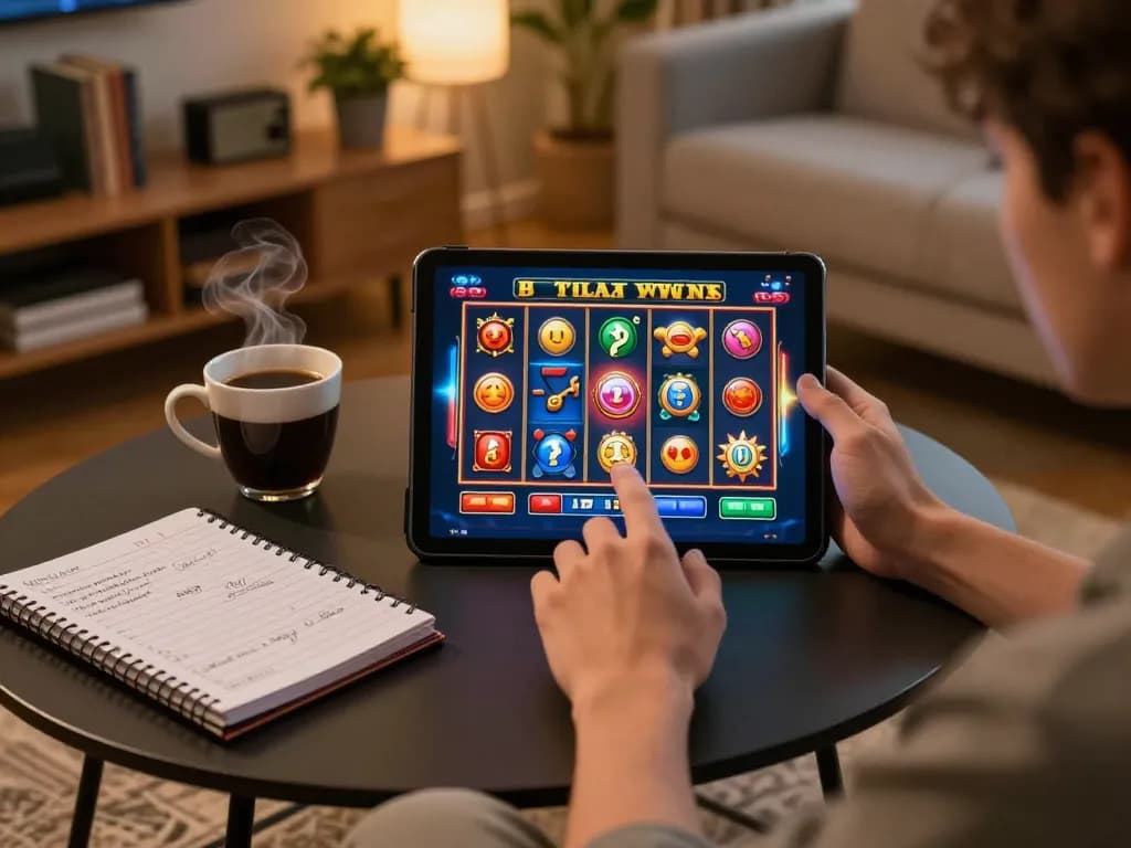 Player enjoying nk88 online casino slot game on tablet, surrounded by strategic notes.