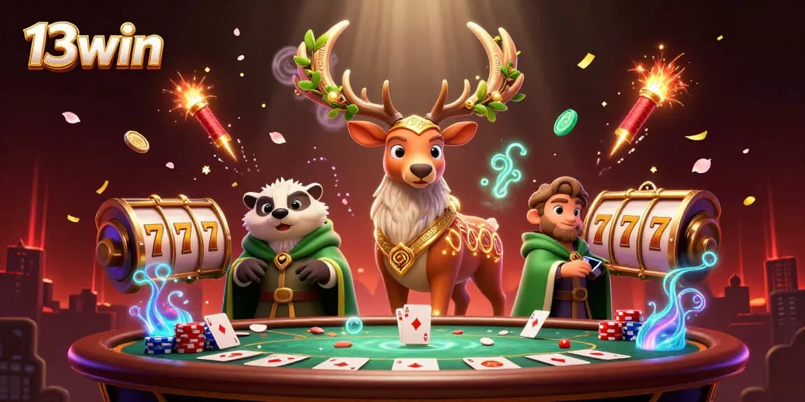13win showcases vibrant 3D casino scene with poker, slots, and joyful elements for gamblers.