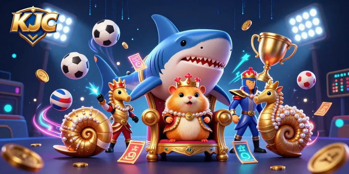 KJC captures the excitement of online gaming with a vibrant casino-themed 3D illustration featuring gaming elements.