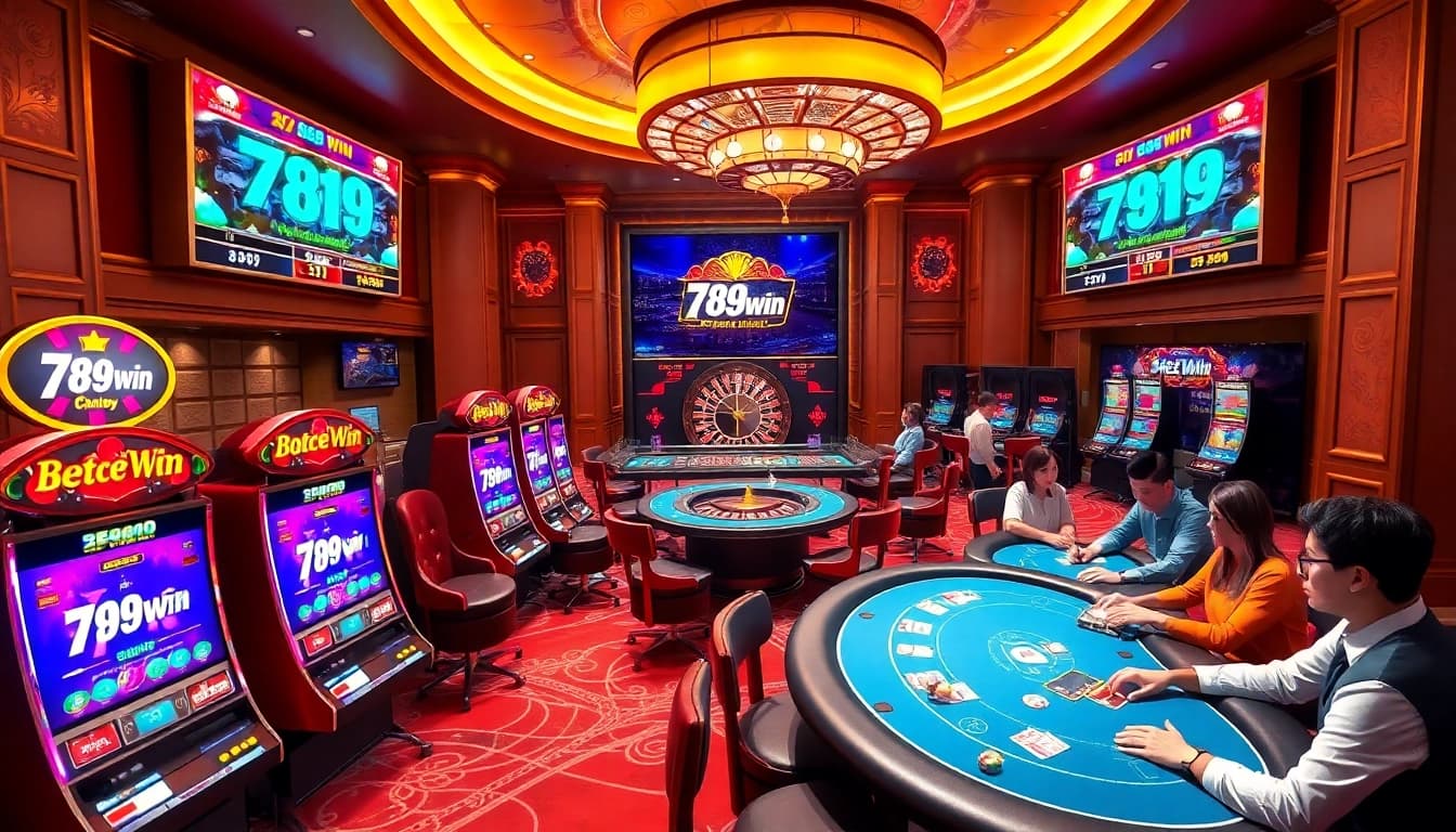 Action-packed gameplay at 789win with vibrant slot machines and poker tables.