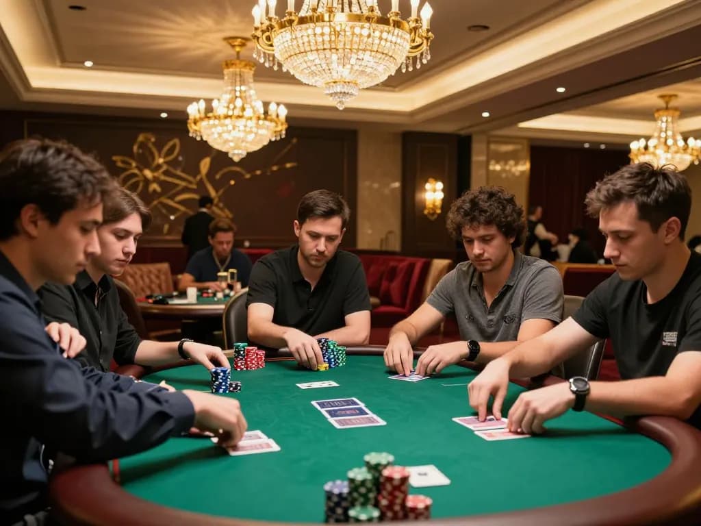 Intense poker gameplay at a high-stakes table showcasing the excitement of aa88i gaming experience.