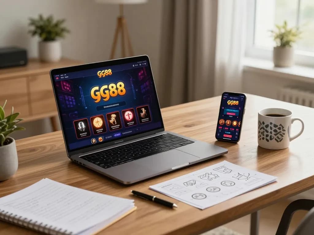 Engaging with gg88 app on a sleek laptop in a stylish home setting, showcasing responsible online gaming.