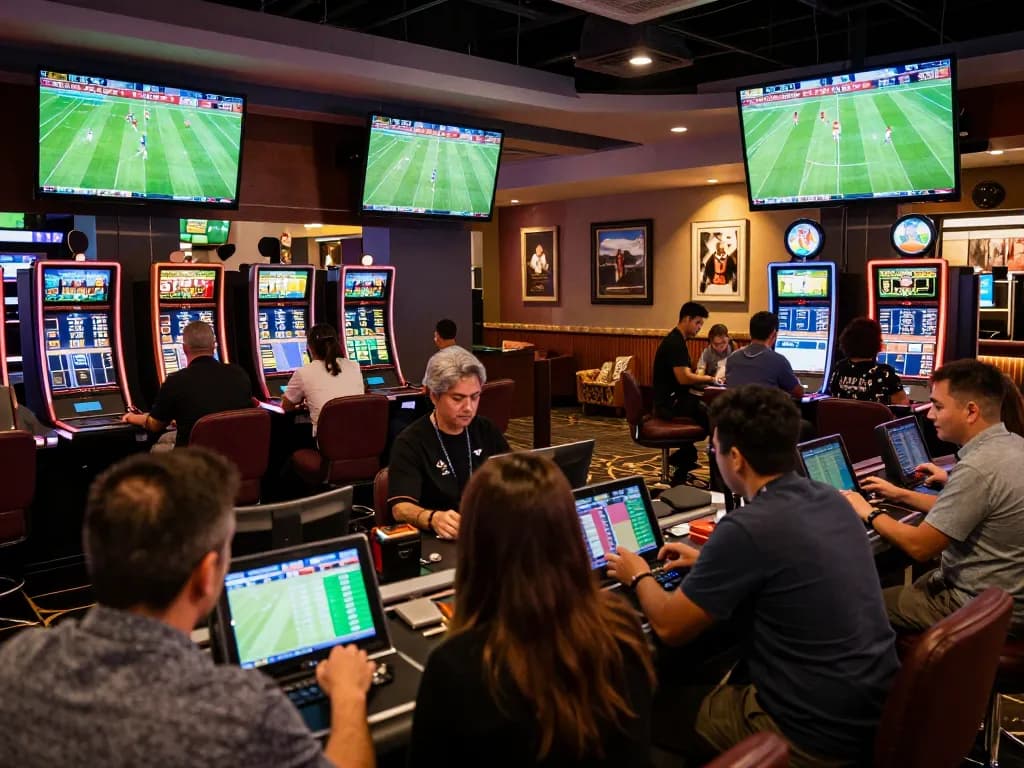 Betting enthusiasts analyzing odds on nddo while watching live sports matches in a vibrant casino lounge.