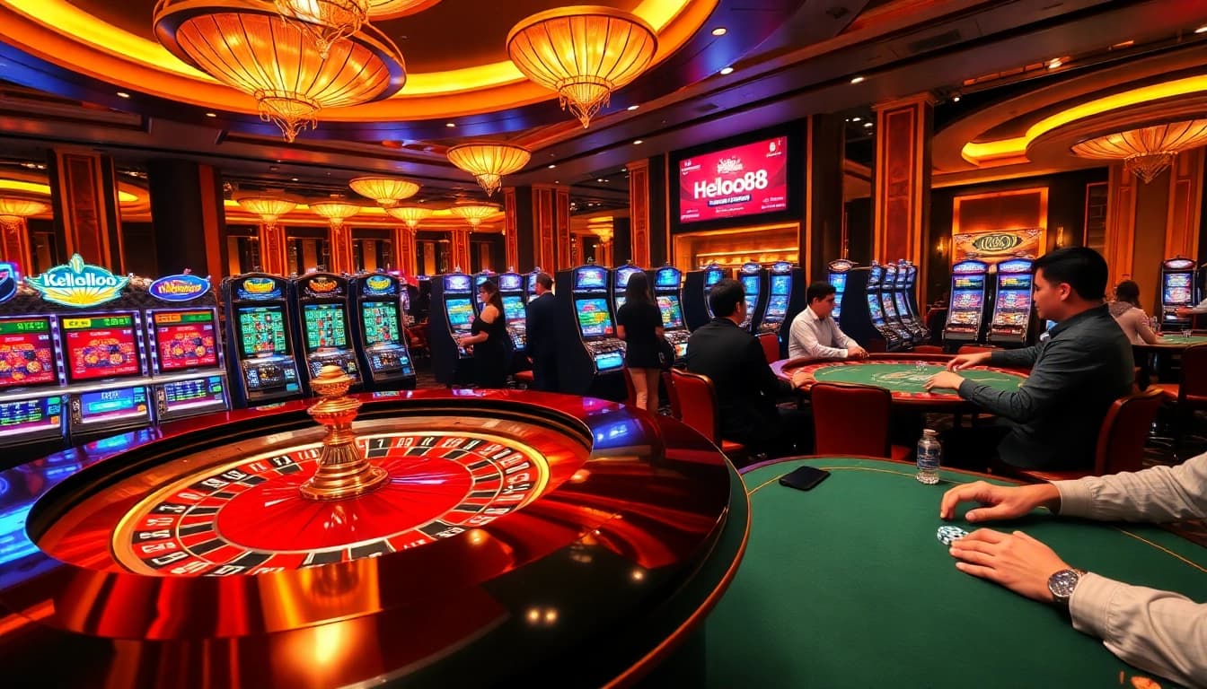 Experience the vibrant casino atmosphere at Helloo88 with players enjoying roulette and card games.