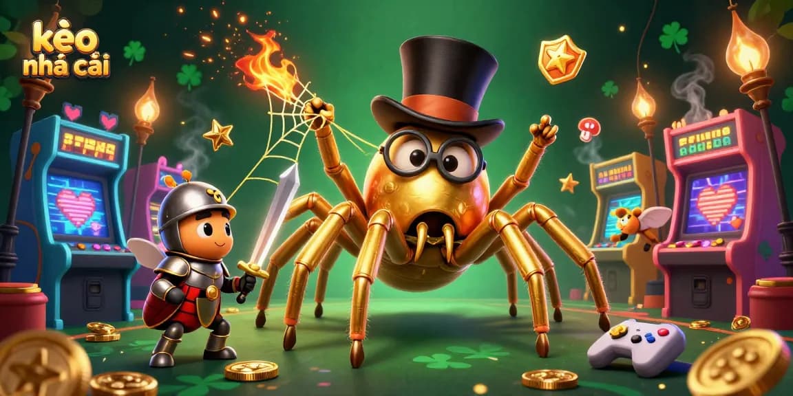 Engage with kèo nhà cái through an epic scene of a golden tarantula and beetle knight in a vibrant casino.