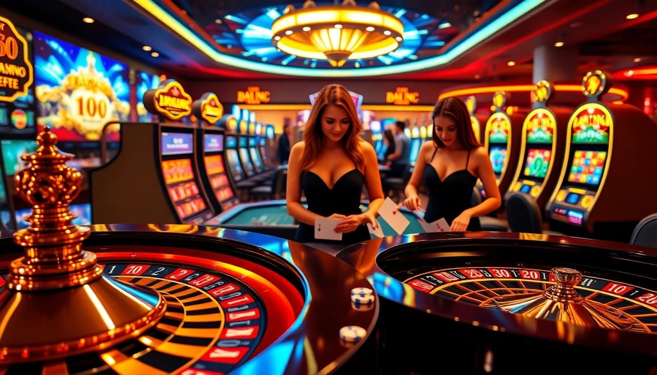 Xoso66 casino gaming experience with roulette, cards, and vibrant slot machines.