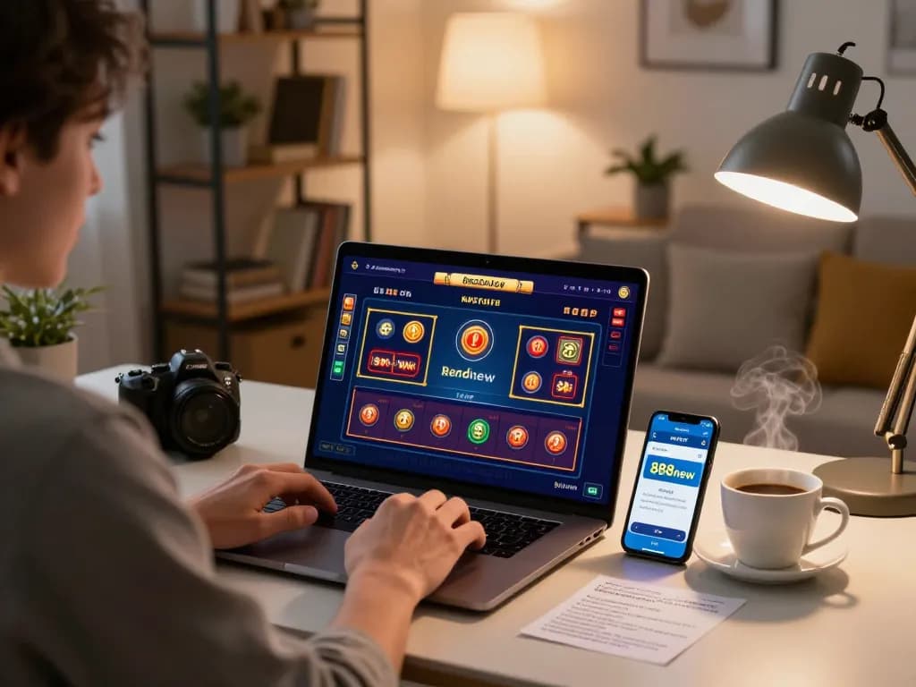 Experience 888new win in a cozy home gaming setup with a person engaged in online casino gameplay.