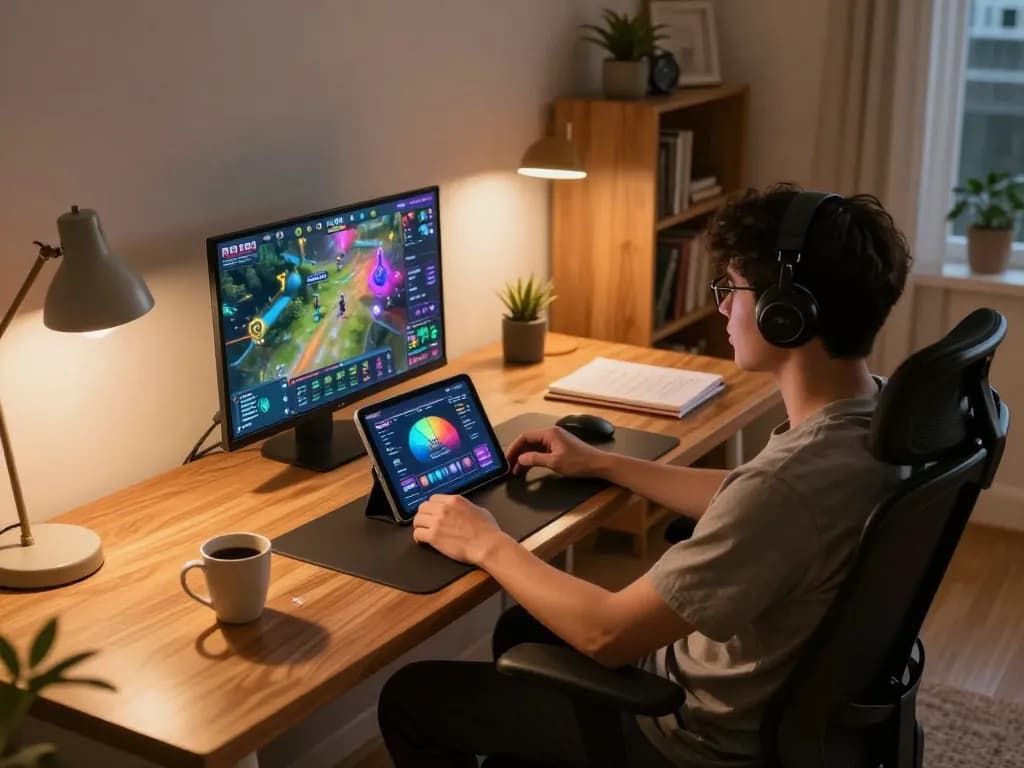 Player engaging with RR88 online gaming on tablet in cozy home office setting