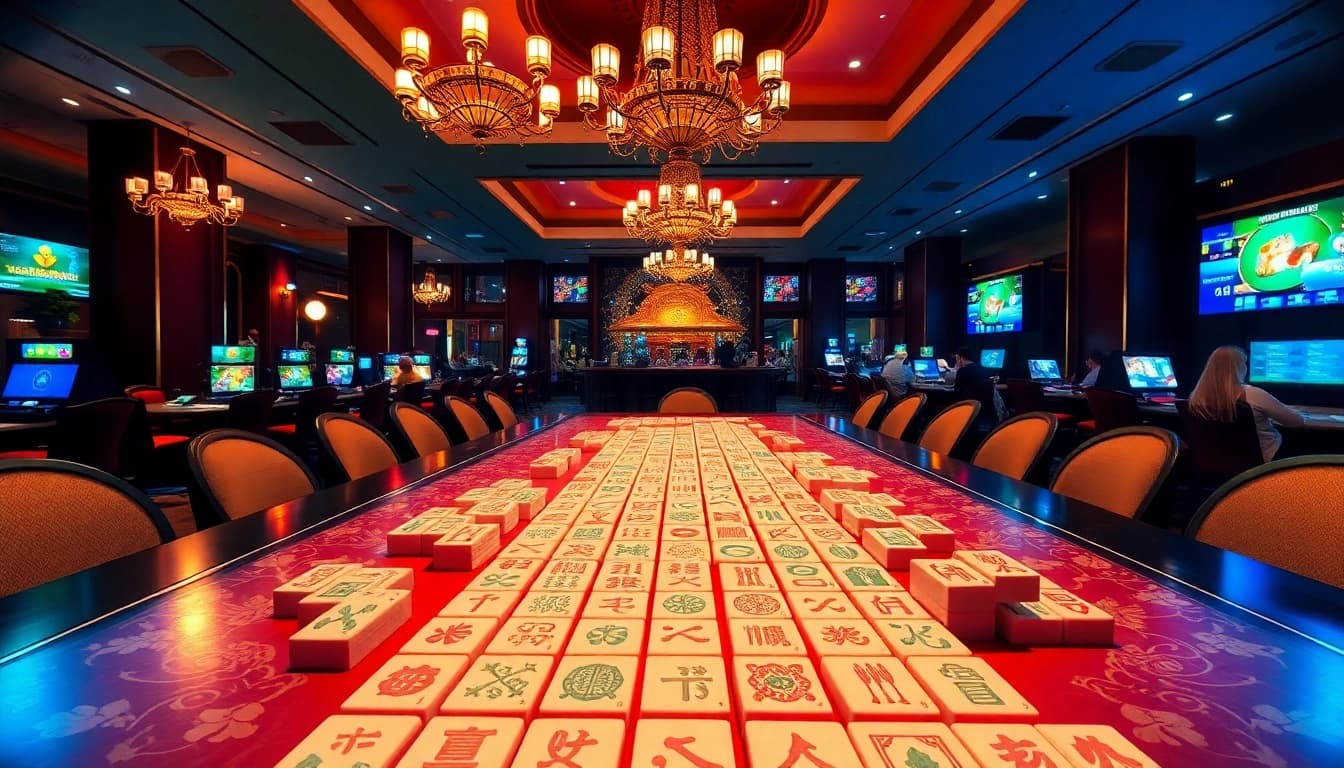 Nikmati permainan Mahjong yang mendebarkan di meja kasino mewah dengan ubin berwarna-warni dan suasana yang hidup.