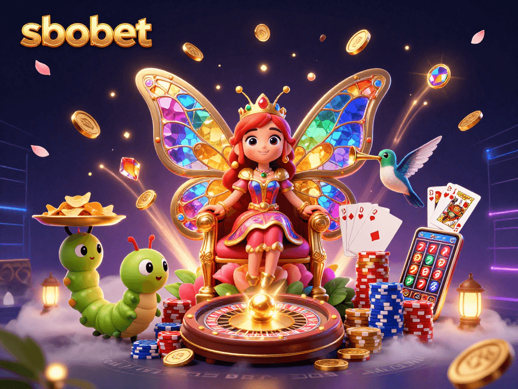 Experience sbobet with a vibrant 3D scene showcasing dynamic casino elements and whimsical characters.