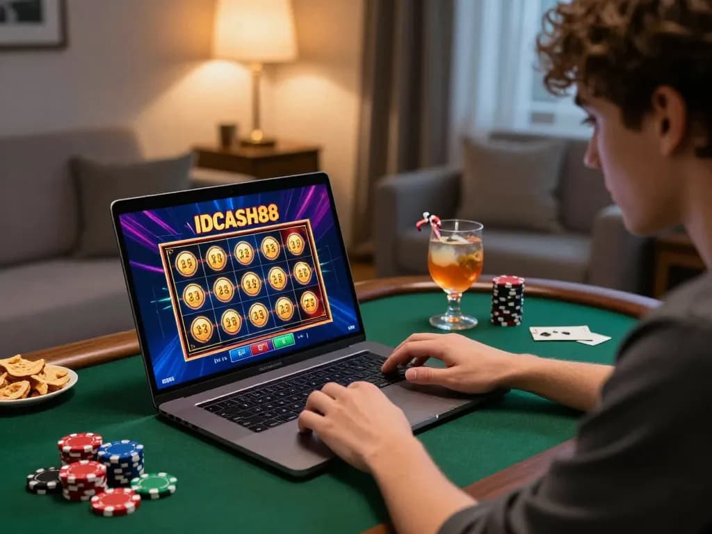 Experience thrilling online gaming with IDCASH88 featuring vibrant slot graphics and cozy home atmosphere.