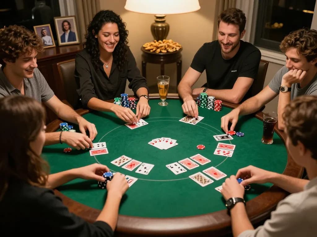 Friends enjoying a poker game at home, showcasing the fun and strategy at taixiusunwin.art.