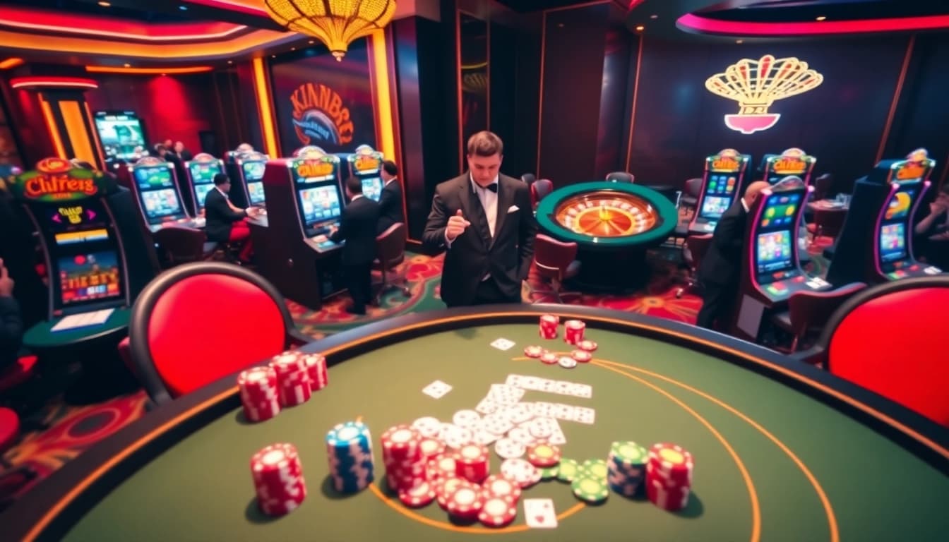 Players enjoying the King88 casino experience with vibrant chips and cards on a poker table.