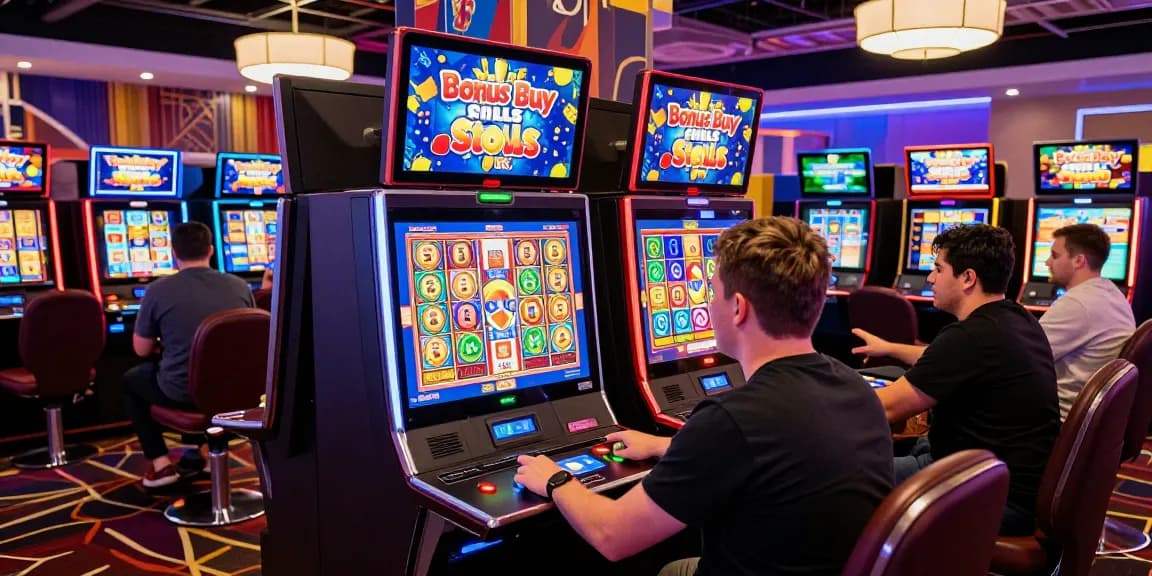 Exciting gameplay on bonus buy slots UK at vibrant international casino, showcasing players activating bonus rounds.