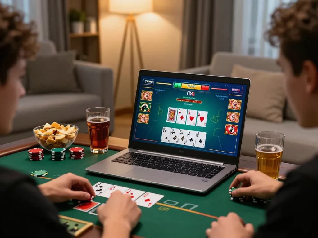 Players enjoying blackjack online with open88 on a laptop in a cozy living room setting.