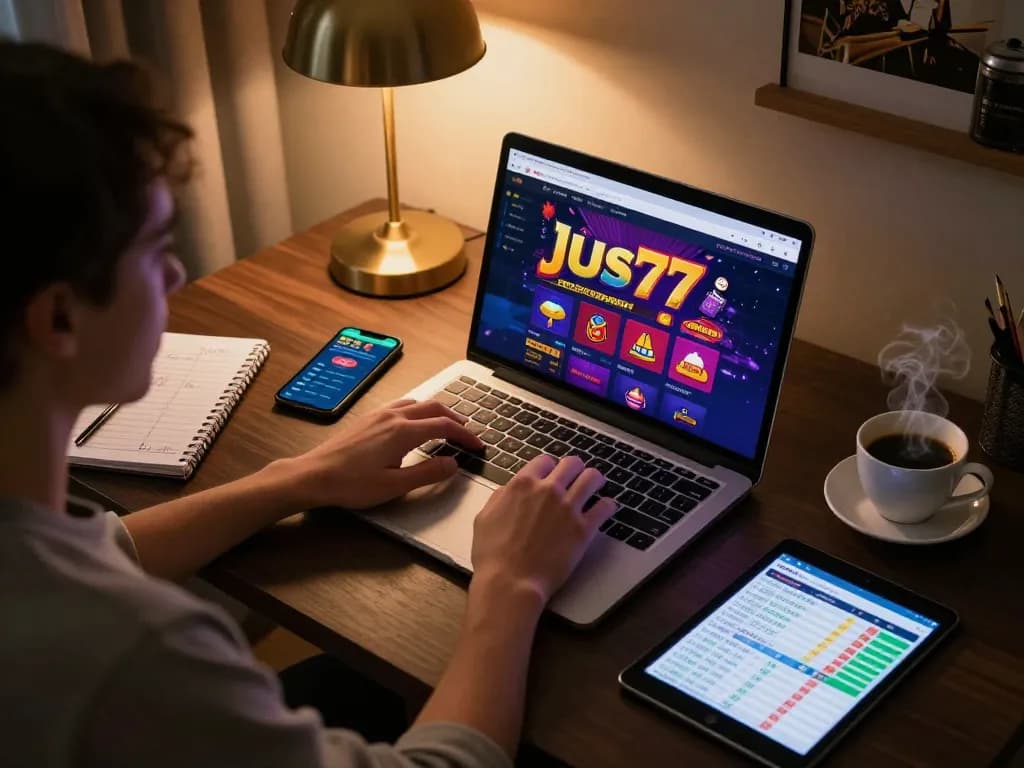 Engaged gamer using jus77 interface on laptop, focusing on online casino strategy in a cozy setup.