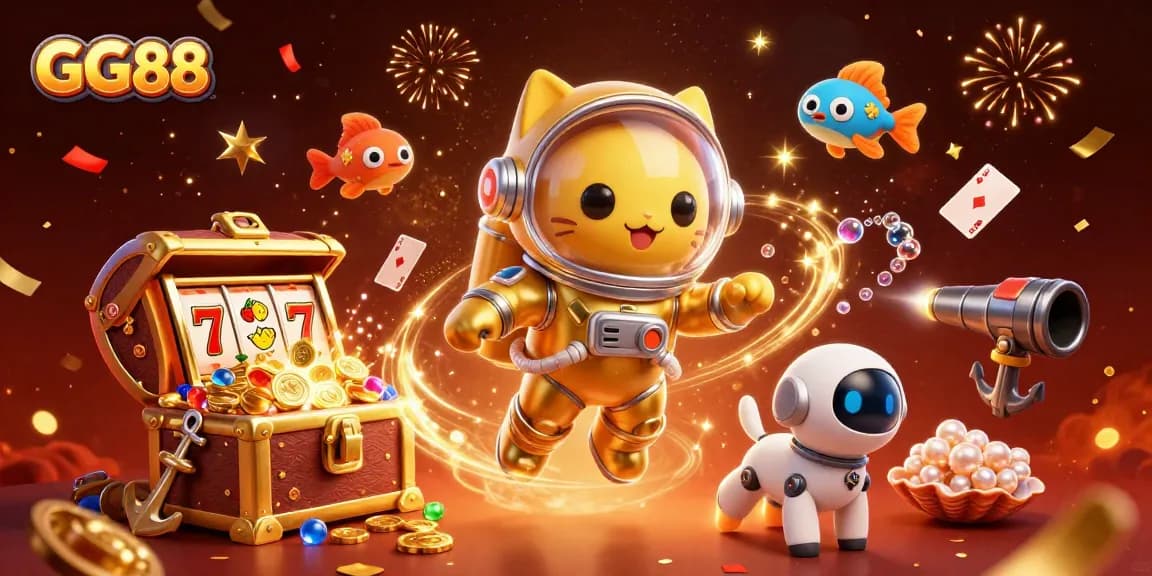 Engage in thrilling games with GG88 as a playful astronaut cat and robot dog explore cosmic treasures.